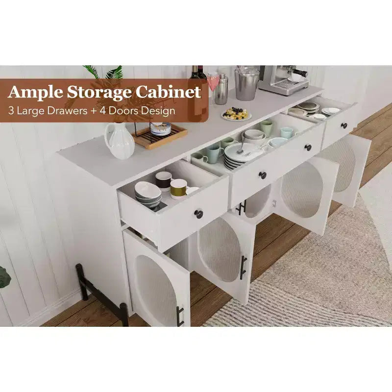 Grand buffet de 157,5 cm avec rangement et 3 tiroirs, meuble de rangement pour bar à café avec 4 portes vitrées pour salle à manger, salon, cuisine