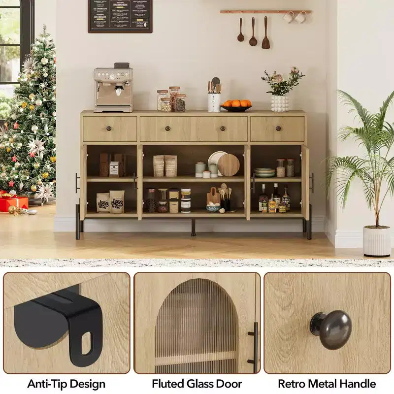 Grand buffet de 157,5 cm avec rangement et 3 tiroirs, meuble de rangement pour bar à café avec 4 portes vitrées pour salle à manger, salon, cuisine