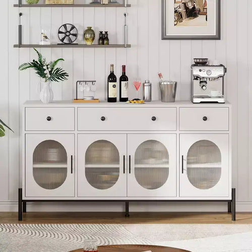 62 Inch Large Sideboard Buffet Cabinet with Storage and 3 Drawers, Coffee Bar Storage Cabinet with 4 Glass Doors for Dining Room,Living Room, Kitchen