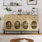 Grand buffet de 157,5 cm avec rangement et 3 tiroirs, meuble de rangement pour bar à café avec 4 portes vitrées pour salle à manger, salon, cuisine