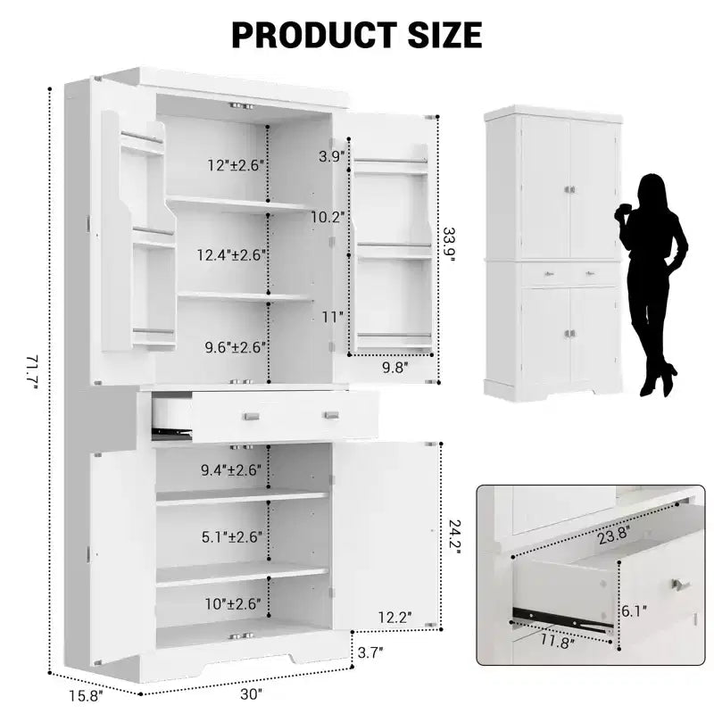 Meuble de rangement pour garde-manger de cuisine de 183 cm, avec 2 tiroirs, 2 placards, 3 étagères réglables, 6 étagères de porte, armoire autoportante pour cuisine et salon