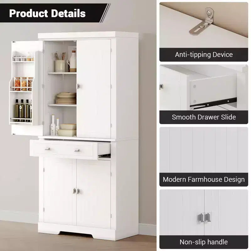Meuble de rangement pour garde-manger de cuisine de 183 cm, avec 2 tiroirs, 2 placards, 3 étagères réglables, 6 étagères de porte, armoire autoportante pour cuisine et salon