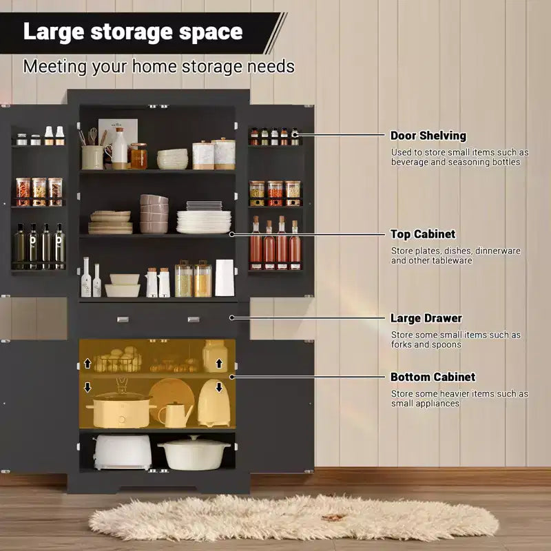 Meuble de rangement pour garde-manger de cuisine de 183 cm, avec 2 tiroirs, 2 placards, 3 étagères réglables, 6 étagères de porte, armoire autoportante pour cuisine et salon