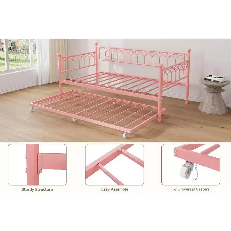 Cadre de lit, lit de repos double avec lit gigogne, canapé convertible 2-en-1, lit en métal peu encombrant, pour petits espaces, appartements, salon