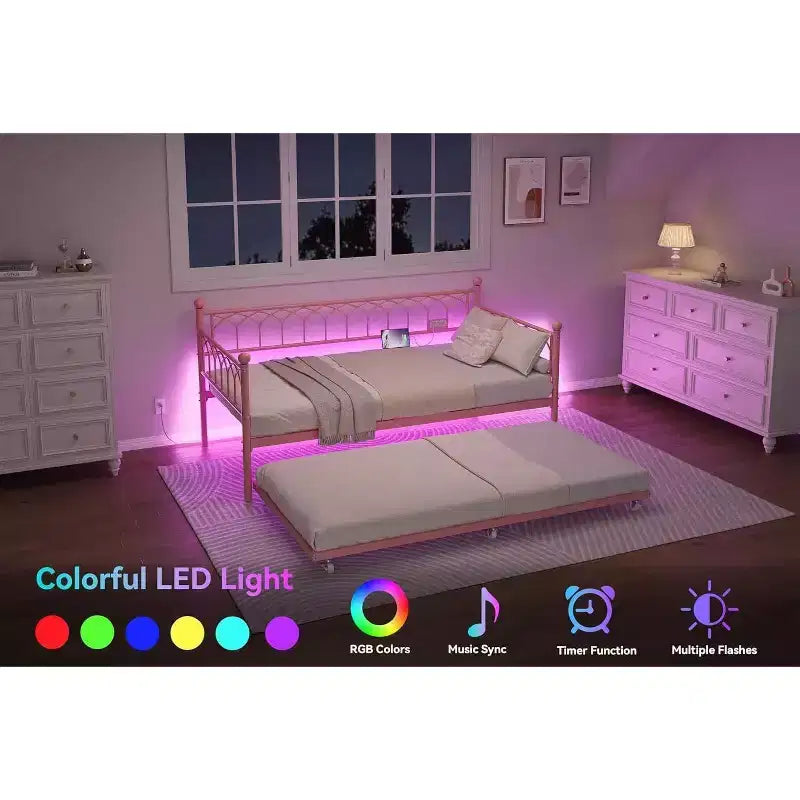 Cadre de lit, lit de repos double avec lit gigogne, canapé convertible 2-en-1, lit en métal peu encombrant, pour petits espaces, appartements, salon