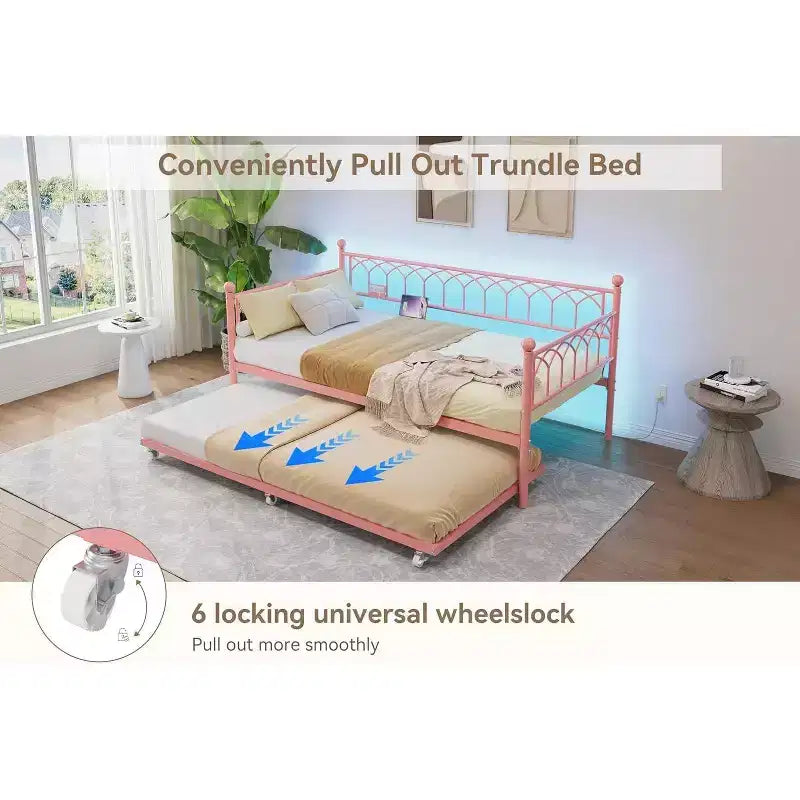 Cadre de lit, lit de repos double avec lit gigogne, canapé convertible 2-en-1, lit en métal peu encombrant, pour petits espaces, appartements, salon