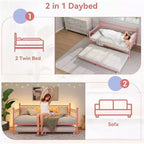 Cadre de lit, lit de repos double avec lit gigogne, canapé convertible 2-en-1, lit en métal peu encombrant, pour petits espaces, appartements, salon