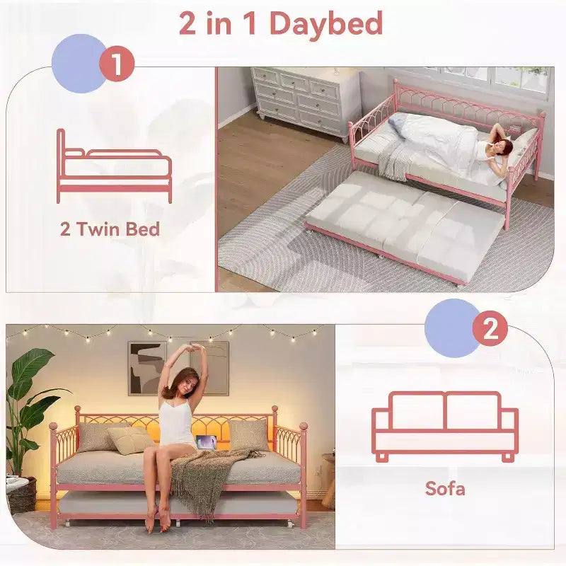 Cadre de lit, lit de repos double avec lit gigogne, canapé convertible 2-en-1, lit en métal peu encombrant, pour petits espaces, appartements, salon