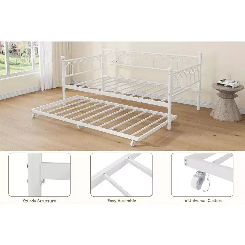 Cadre de lit, lit de repos double avec lit gigogne, canapé convertible 2-en-1, lit en métal peu encombrant, pour petits espaces, appartements, salon