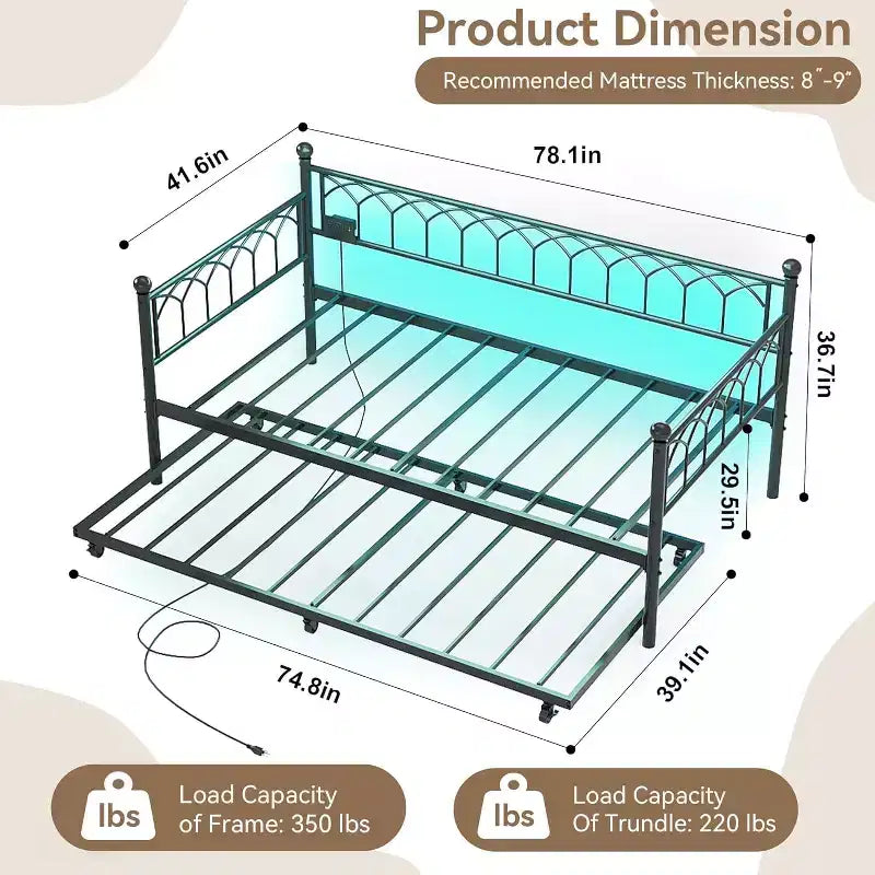 Cadre de lit, lit de repos double avec lit gigogne, canapé convertible 2-en-1, lit en métal peu encombrant, pour petits espaces, appartements, salon
