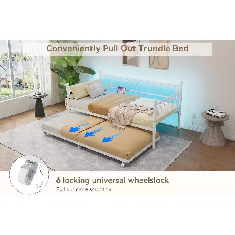 Cadre de lit, lit de repos double avec lit gigogne, canapé convertible 2-en-1, lit en métal peu encombrant, pour petits espaces, appartements, salon