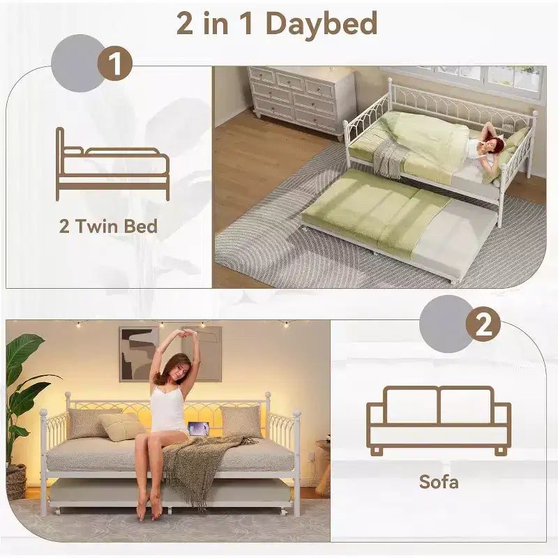 Cadre de lit, lit de repos double avec lit gigogne, canapé convertible 2-en-1, lit en métal peu encombrant, pour petits espaces, appartements, salon