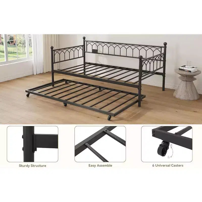 Cadre de lit, lit de repos double avec lit gigogne, canapé convertible 2-en-1, lit en métal peu encombrant, pour petits espaces, appartements, salon