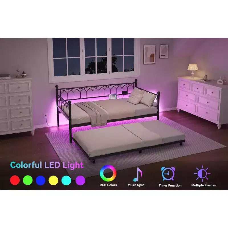 Cadre de lit, lit de repos double avec lit gigogne, canapé convertible 2-en-1, lit en métal peu encombrant, pour petits espaces, appartements, salon