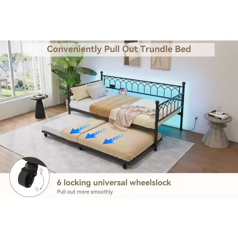 Cadre de lit, lit de repos double avec lit gigogne, canapé convertible 2-en-1, lit en métal peu encombrant, pour petits espaces, appartements, salon