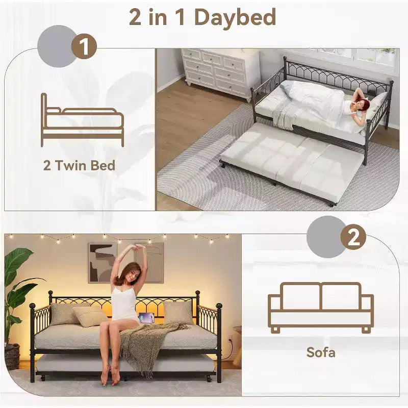 Cadre de lit, lit de repos double avec lit gigogne, canapé convertible 2-en-1, lit en métal peu encombrant, pour petits espaces, appartements, salon