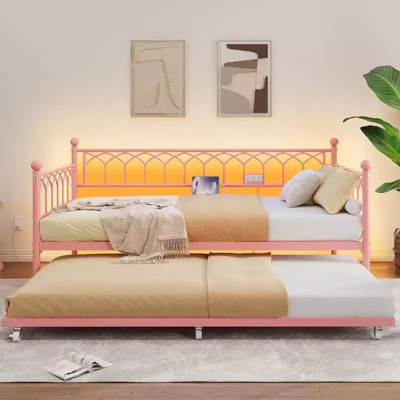 Cadre de lit, lit de repos double avec lit gigogne, canapé convertible 2-en-1, lit en métal peu encombrant, pour petits espaces, appartements, salon