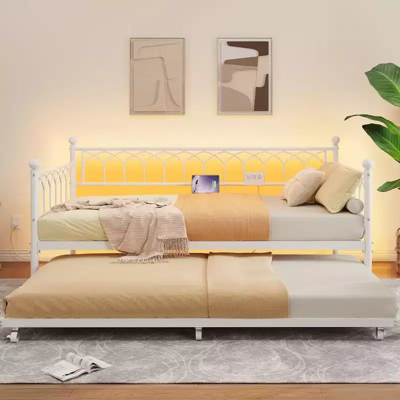 Cadre de lit, lit de repos double avec lit gigogne, canapé convertible 2-en-1, lit en métal peu encombrant, pour petits espaces, appartements, salon