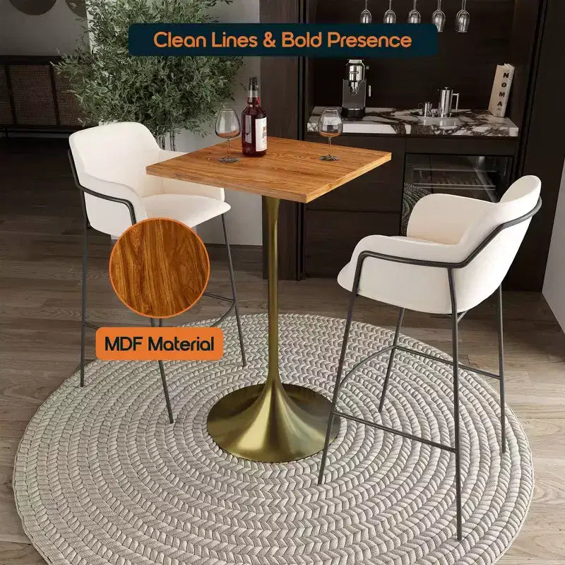 Table à manger hauteur bar carrée LeisureMod Verve 24 - Plateau en MDF moderne avec piédestal doré brossé Table hauteur comptoir pour cuisine, maison et pub