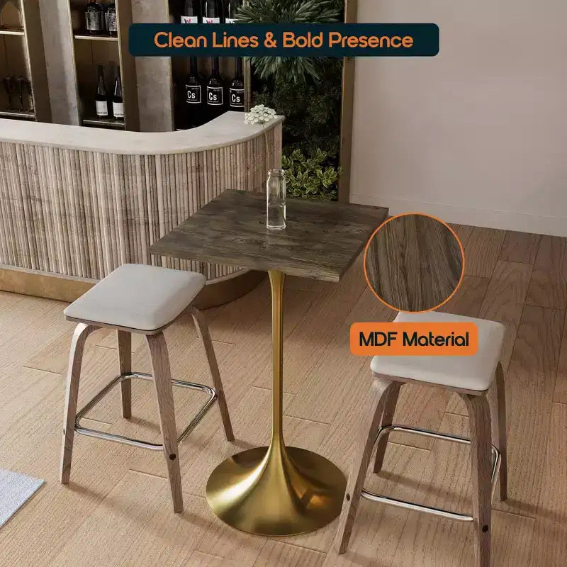 Table à manger hauteur bar carrée LeisureMod Verve 24 - Plateau en MDF moderne avec piédestal doré brossé Table hauteur comptoir pour cuisine, maison et pub