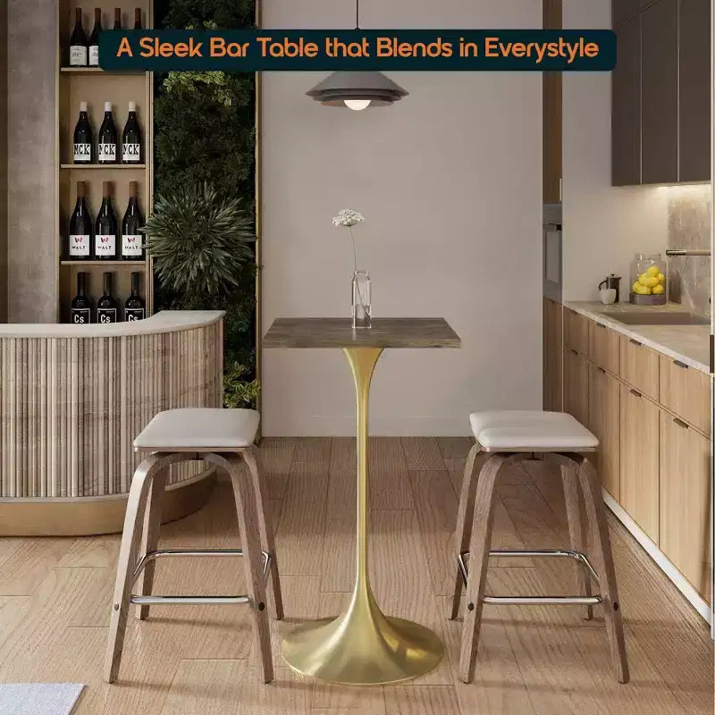 Table à manger hauteur bar carrée LeisureMod Verve 24 - Plateau en MDF moderne avec piédestal doré brossé Table hauteur comptoir pour cuisine, maison et pub