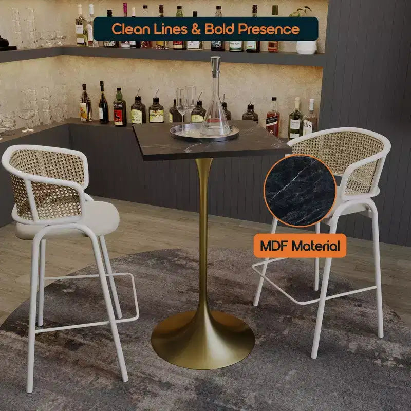 Table à manger hauteur bar carrée LeisureMod Verve 24 - Plateau en MDF moderne avec piédestal doré brossé Table hauteur comptoir pour cuisine, maison et pub