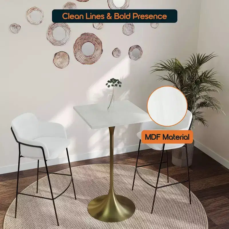 Table à manger hauteur bar carrée LeisureMod Verve 24 - Plateau en MDF moderne avec piédestal doré brossé Table hauteur comptoir pour cuisine, maison et pub