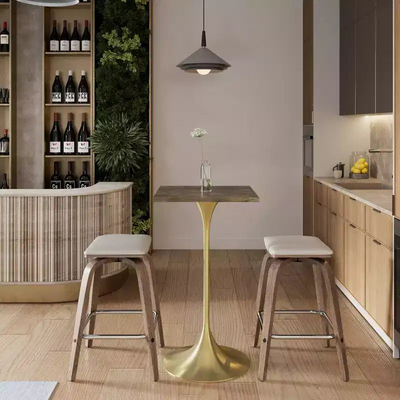 Table à manger hauteur bar carrée LeisureMod Verve 24 - Plateau en MDF moderne avec piédestal doré brossé Table hauteur comptoir pour cuisine, maison et pub
