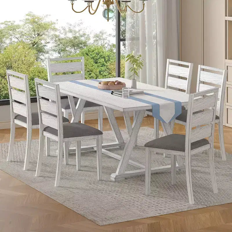 Ensemble de salle à manger 7 pièces de style rustique VECELO pour 6 personnes, table en bois d'hévéa avec 6 chaises de salle à manger rembourrées, gris