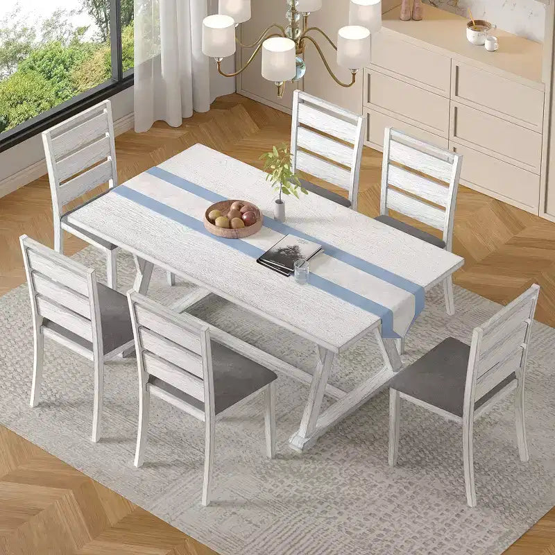 Ensemble de salle à manger 7 pièces de style rustique VECELO pour 6 personnes, table en bois d'hévéa avec 6 chaises de salle à manger rembourrées, gris