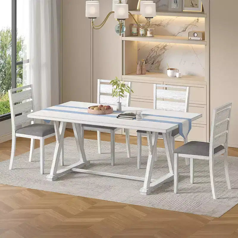 Ensemble de salle à manger 7 pièces de style rustique VECELO pour 6 personnes, table en bois d'hévéa avec 6 chaises de salle à manger rembourrées, gris