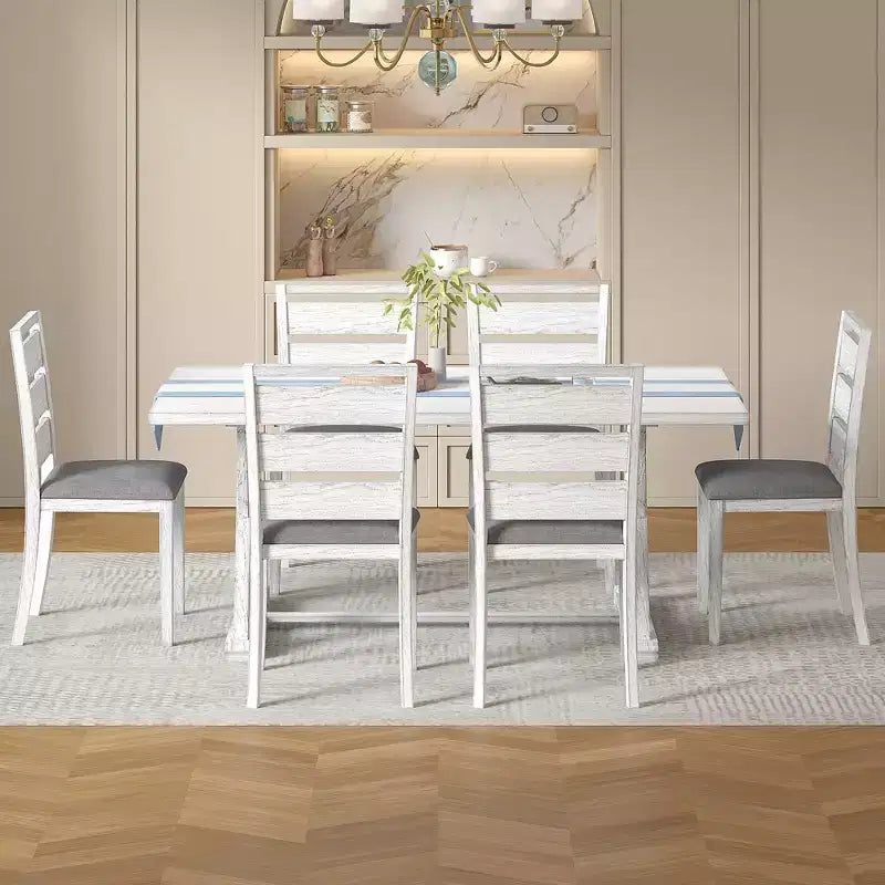 Ensemble de salle à manger 7 pièces de style rustique VECELO pour 6 personnes, table en bois d'hévéa avec 6 chaises de salle à manger rembourrées, gris