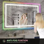 Miroir LED RGB pour salle de bain, miroir avec 8 rétroéclairages RGB et 3 éclairages frontaux (réglables individuellement), horizontal/vertical