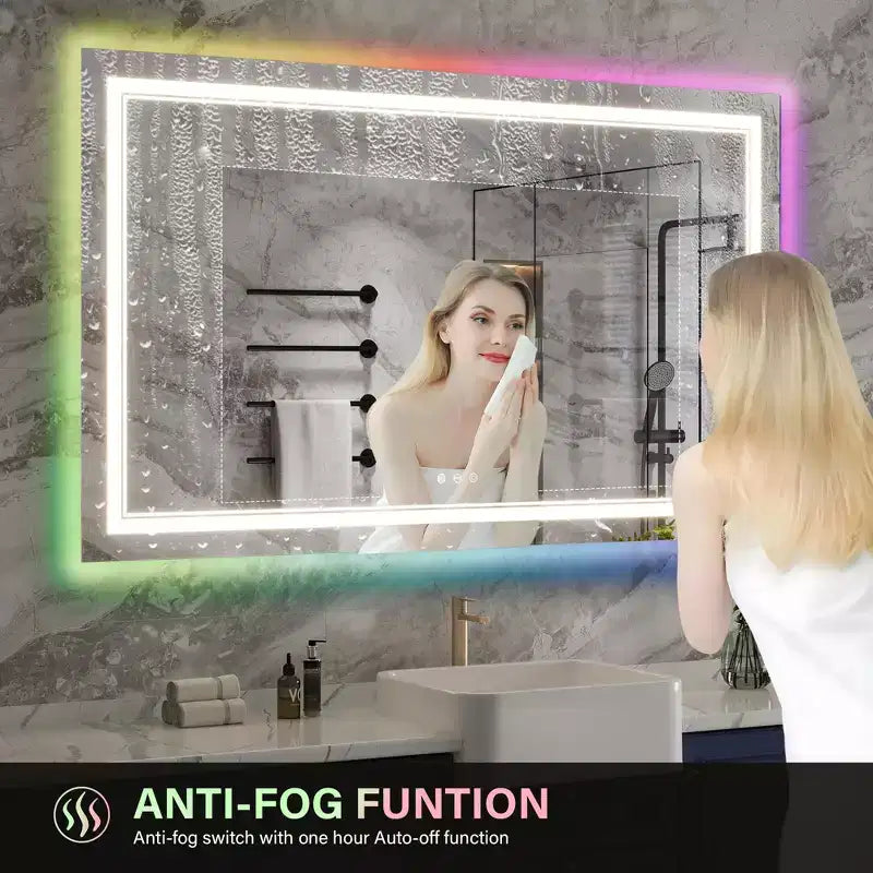 Miroir LED RGB pour salle de bain, miroir avec 8 rétroéclairages RGB et 3 éclairages frontaux (réglables individuellement), horizontal/vertical