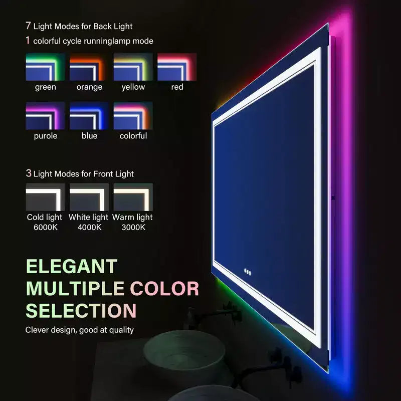 Miroir LED RGB pour salle de bain, miroir avec 8 rétroéclairages RGB et 3 éclairages frontaux (réglables individuellement), horizontal/vertical
