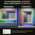 Miroir LED RGB pour salle de bain, miroir avec 8 rétroéclairages RGB et 3 éclairages frontaux (réglables individuellement), horizontal/vertical