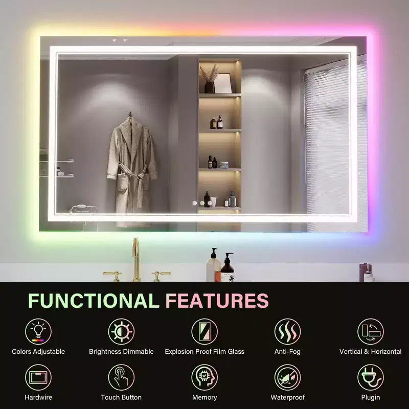 Miroir LED RGB pour salle de bain, miroir avec 8 rétroéclairages RGB et 3 éclairages frontaux (réglables individuellement), horizontal/vertical