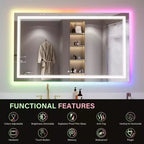 Miroir LED RGB pour salle de bain, miroir avec 8 rétroéclairages RGB et 3 éclairages frontaux (réglables individuellement), horizontal/vertical