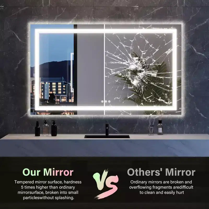 Miroir LED RGB pour salle de bain, miroir avec 8 rétroéclairages RGB et 3 éclairages frontaux (réglables individuellement), horizontal/vertical