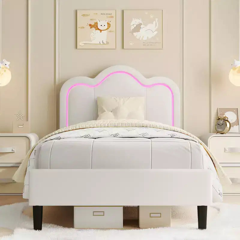 Cadre de lit simple rembourré Smart LED avec tête de lit réglable et bande lumineuse amovible, cadre de lit plateforme princesse en velours, support à lattes en bois
