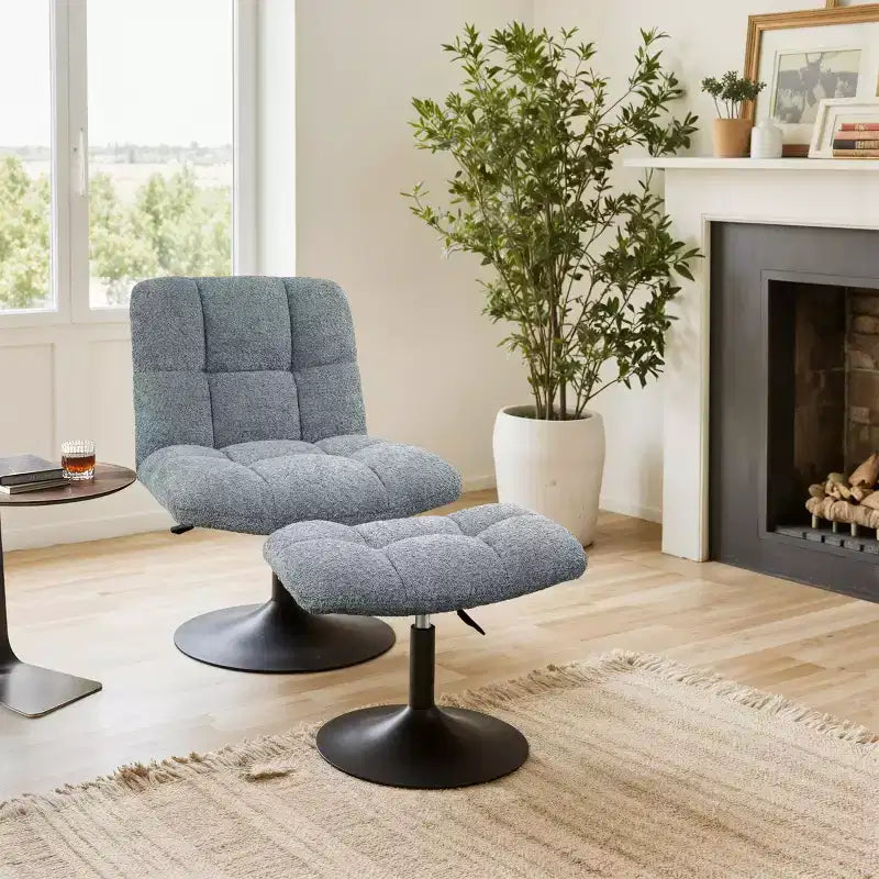 Fauteuil d'appoint pivotant Art Leon en tissu de lin avec ottoman, cadre en bois et métal