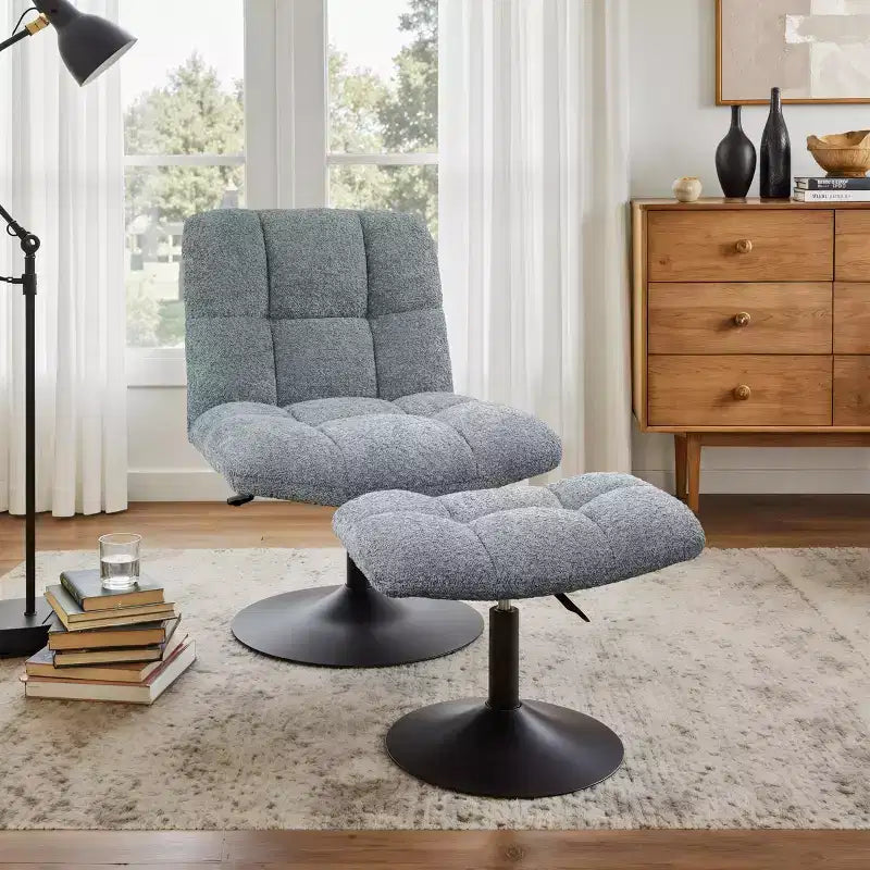 Fauteuil d'appoint pivotant Art Leon en tissu de lin avec ottoman, cadre en bois et métal
