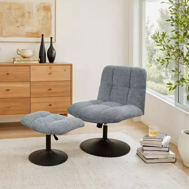 Fauteuil d'appoint pivotant Art Leon en tissu de lin avec ottoman, cadre en bois et métal