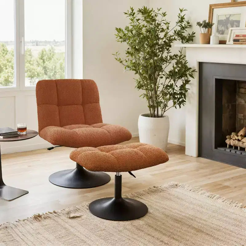 Fauteuil d'appoint pivotant Art Leon en tissu de lin avec ottoman, cadre en bois et métal