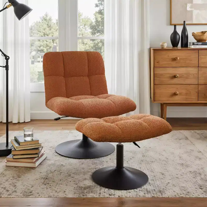 Fauteuil d'appoint pivotant Art Leon en tissu de lin avec ottoman, cadre en bois et métal