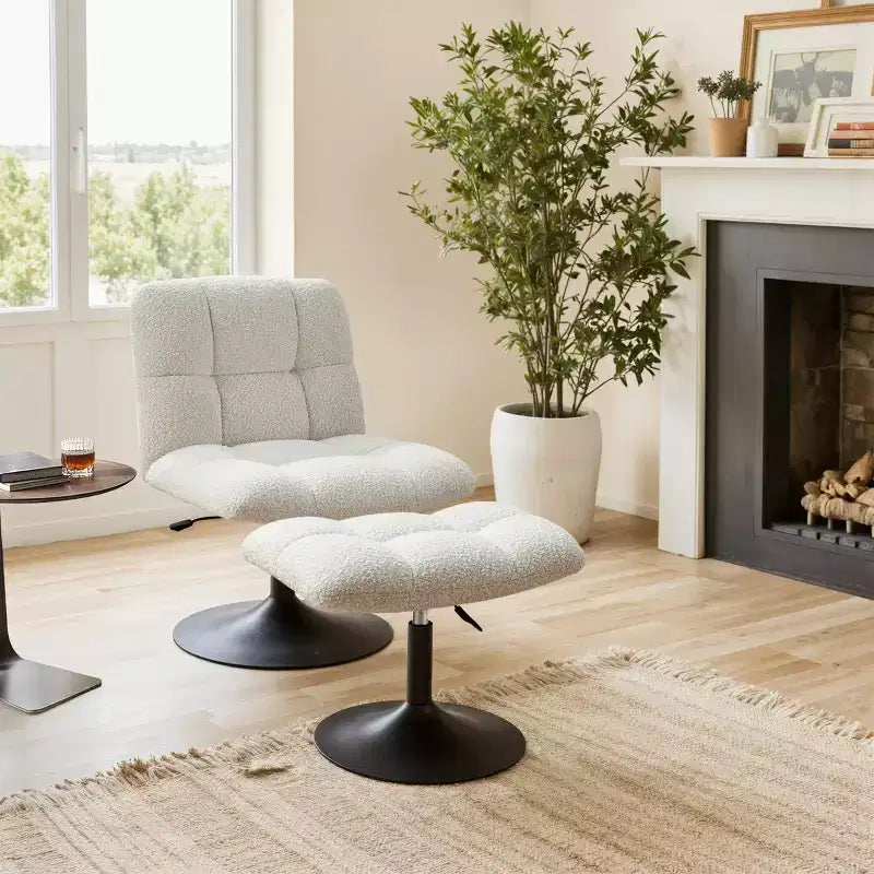 Fauteuil d'appoint pivotant Art Leon en tissu de lin avec ottoman, cadre en bois et métal