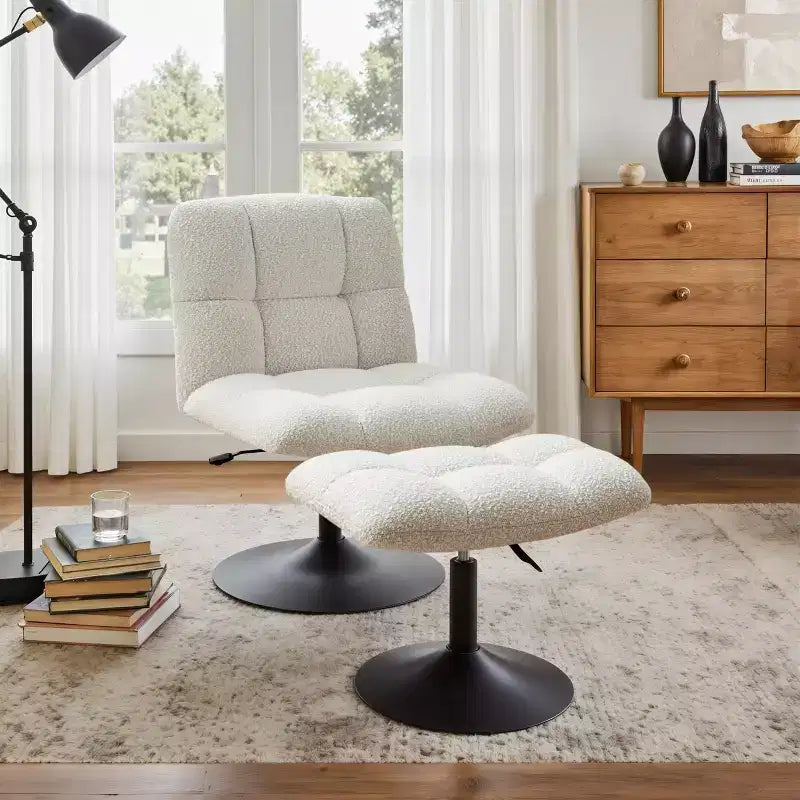 Fauteuil d'appoint pivotant Art Leon en tissu de lin avec ottoman, cadre en bois et métal