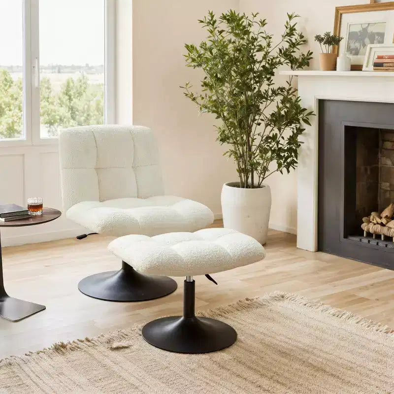Fauteuil d'appoint pivotant Art Leon en tissu de lin avec ottoman, cadre en bois et métal