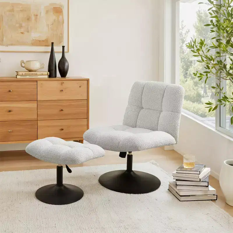 Fauteuil d'appoint pivotant Art Leon en tissu de lin avec ottoman, cadre en bois et métal