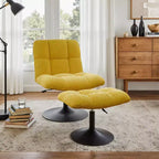 Fauteuil d'appoint pivotant Art Leon en tissu de lin avec ottoman, cadre en bois et métal